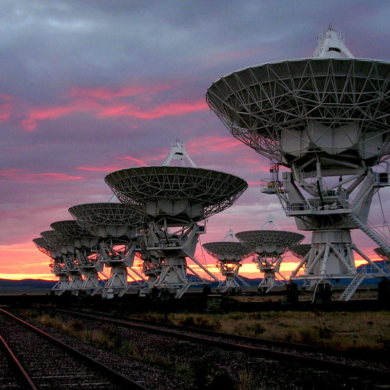 The Very Large Array (VLA) radio telescope at sunrise.