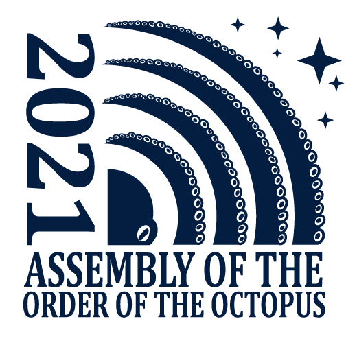 The 2021 Assembly of the Order of the Dolphin logo: Four octopus arms extend out like waves moving toward a group of stars.